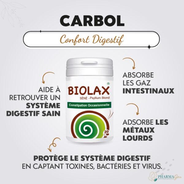 BIOHEALTH CARBOL Charbon Végétal 30 gélules – Complément contre ballonnements, gaz et inconfort digestif, formule naturelle au charbon activé. Disponible sur PharmGo.