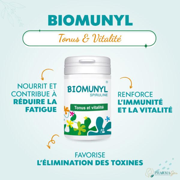 BIO HEALTH Biomunyl Spiruline 45 gélules – Complément alimentaire tonus, vitalité et immunité à base de spiruline naturelle. Disponible sur PharmGo.